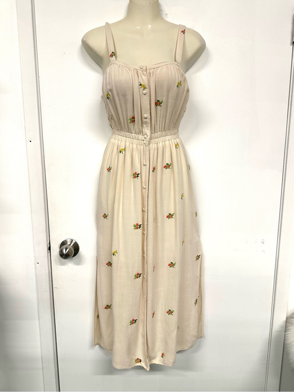 Cream Floral Midi Sundress Button Front Black Tape Dex Small Summer embroidered - Picture 2 of 10